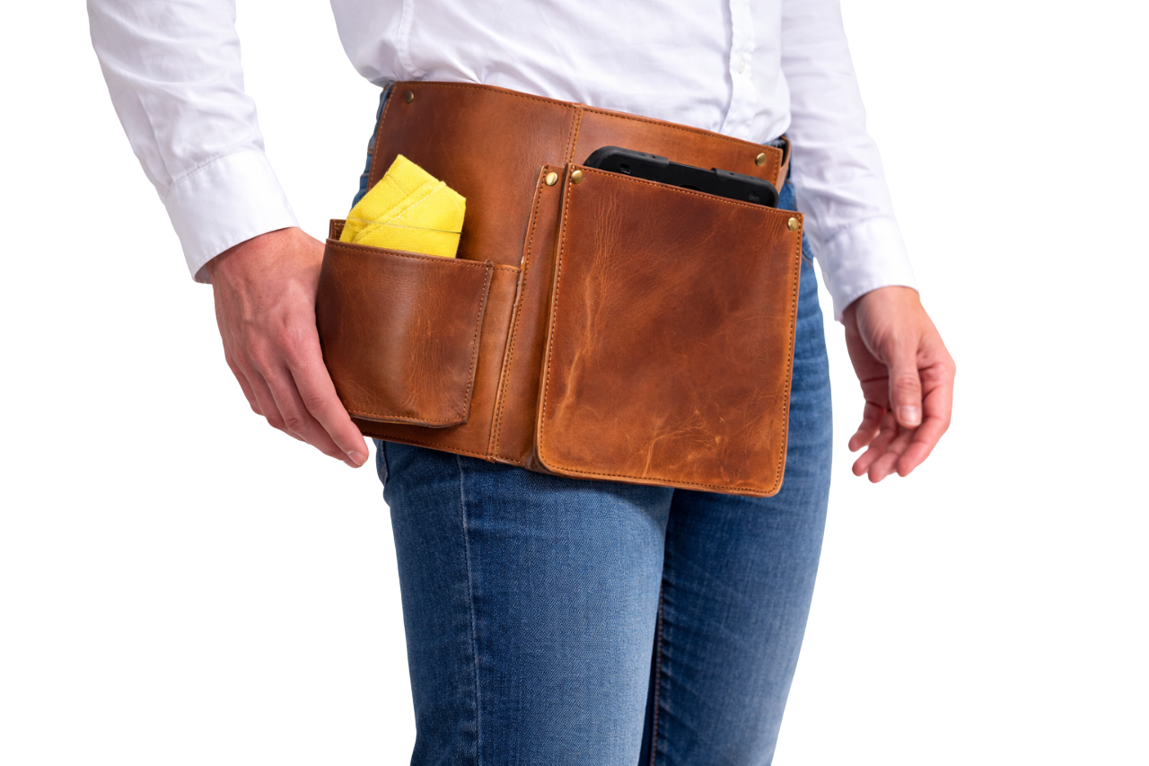 Heupschort 2-delig rechts voor IPad mini en poetsdoekholster Cognac 6621C