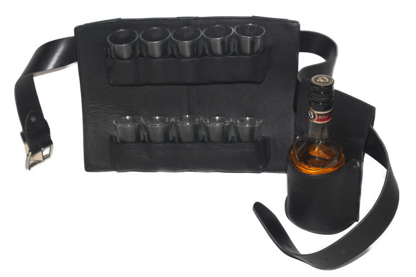 Shotjesgordel voor 10 shotjes- glaasjes met holster voor 1 fles zwart 6672 6309