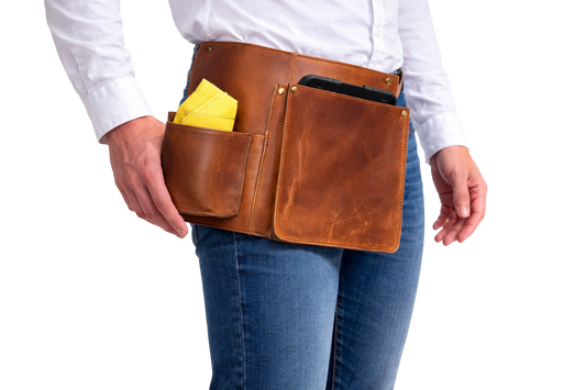Heupschort 2-delig rechts voor IPad mini en poetsdoekholster Cognac 6621C
