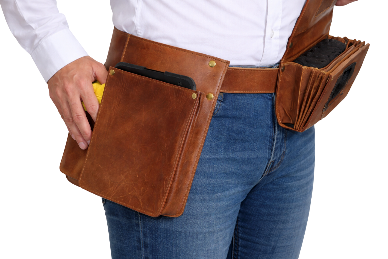 Heupschort 3-delig rechts voor IPad mini, poetsdoekholster inclusief horecaportemonnee Cognac 6621C+