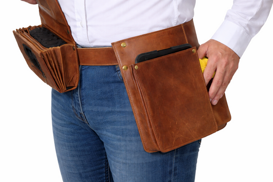 Heupschort 3-delig links voor IPad mini, poetsdoekholster Cognac 6622C+