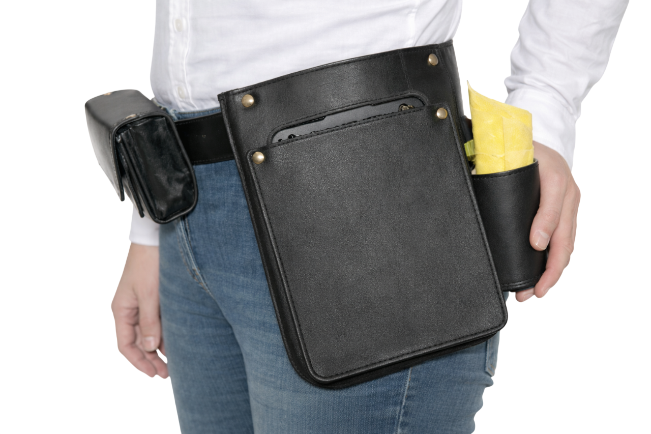 Heupschort voor iPad mini en poetsdoek links 6622+ met eurokitkelnerbeurs 6401ZC