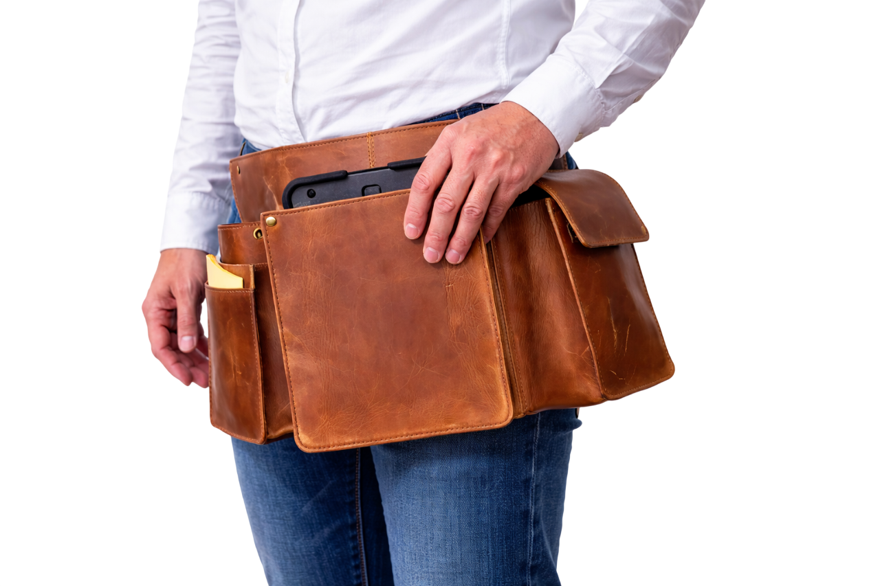 Heupschort 3-delig links voor IPad, pin-divice en horeca portemonnee Cognac 6623C