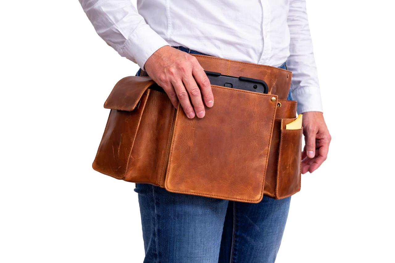 Heupschort 3-delig rechts voor IPad, pin-divice en horeca portemonnee Cognac 6624C
