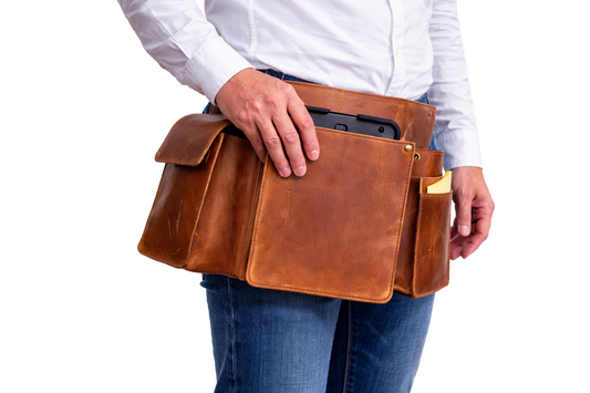 Heupschort 3-delig rechts voor IPad, pin-divice en horeca portemonnee Cognac 6624C