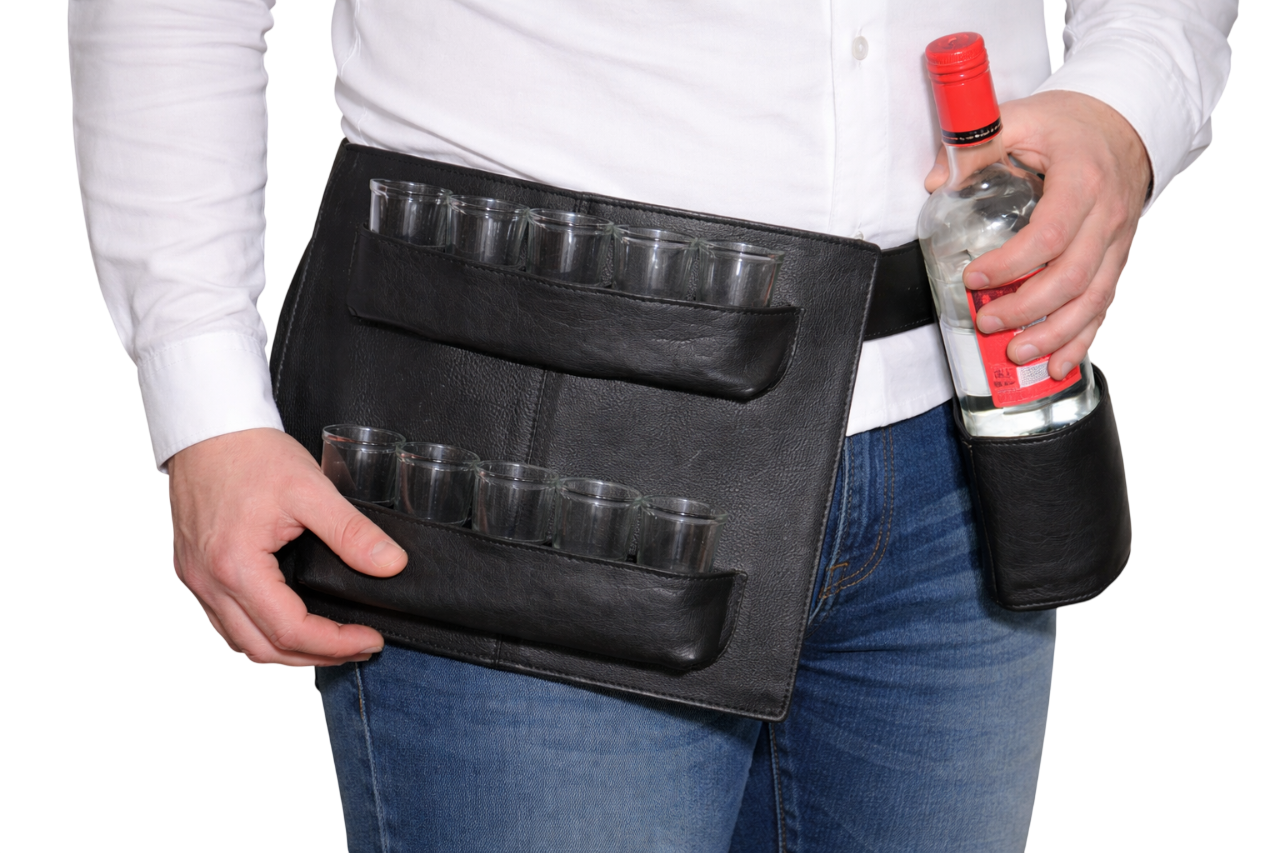 Shotjesgordel voor 10 shotjes- glaasjes met holster voor 1 fles zwart 6672  6309